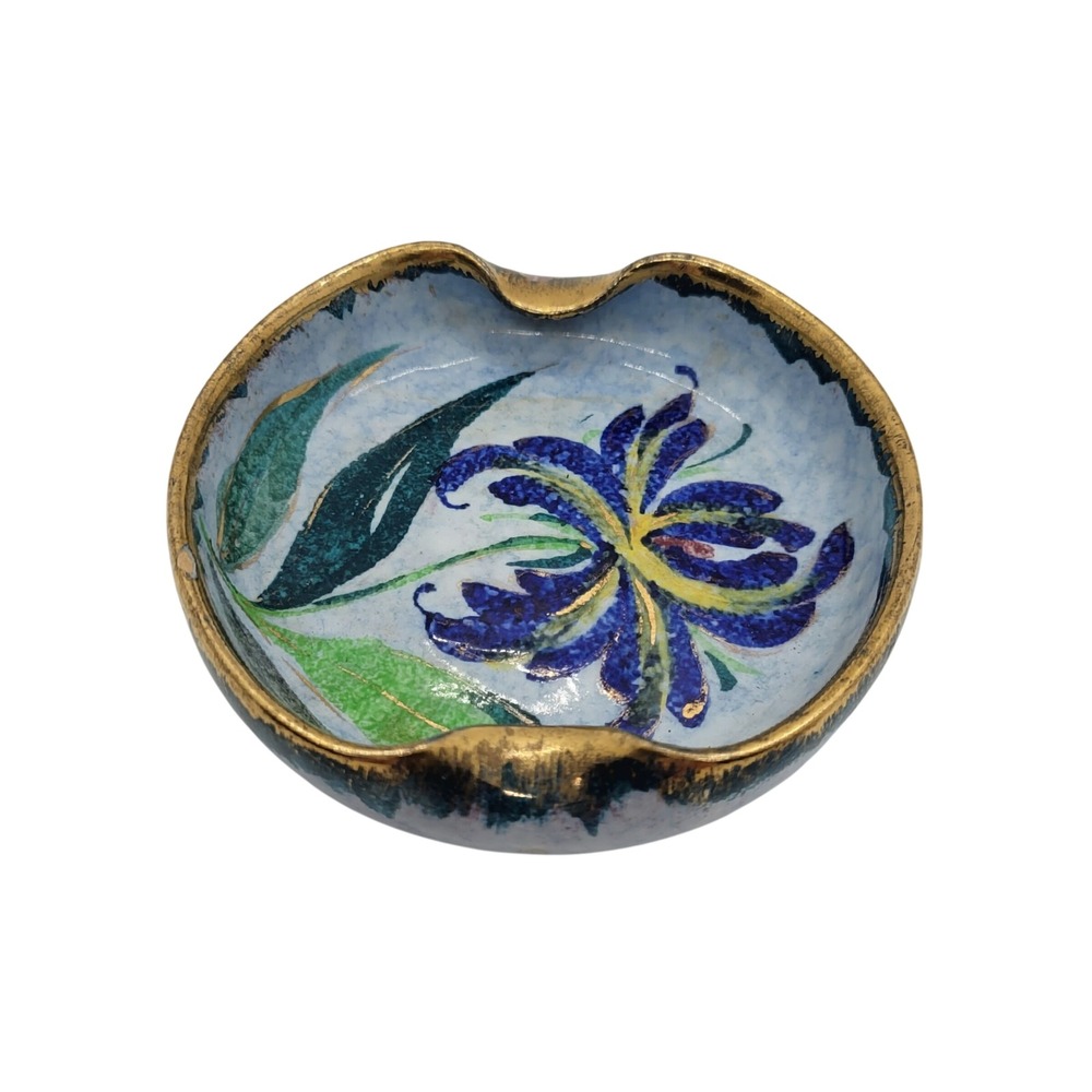 Vintage Italian‎ Pottery Ashtray Hand Painted Blue Floral Gold Gilt Trim Italy